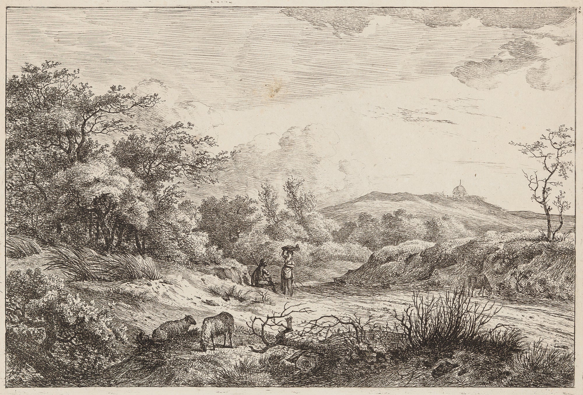 Antieke prent. Antique print. Etching from ca. 1800 by Hermanus Fock (Dutch artist famous for his etchings and drawings of landscapes and dunes in surroundings of Haarlem, Amsterdam Zandvoort.). This lovely etching shows, according to the handwritten text at the bottom of the paper: 'the dunes behind, what today is, the 'Seinpostduin' with the cupola of the late Rev. Faassen de Heer. etching, antique print, dutch, landscape, scheveningen, hermanus fock, seinpostduin