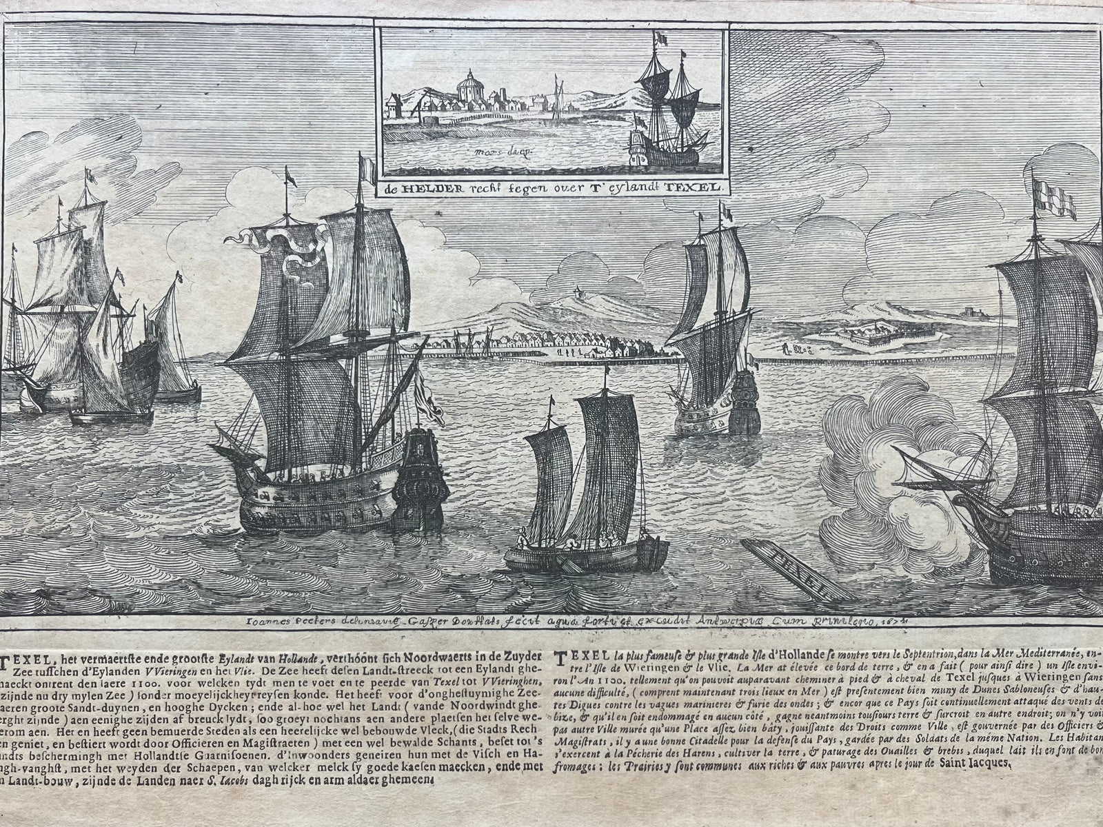 city views, maps, old print, engraving, oude prent, antieke prent, gravure, ets, texel, noord holland, holland, dutch, nederland, boats, den helder, eiland, waddenzee, noordzee, schepen, ships, boutats, peeters