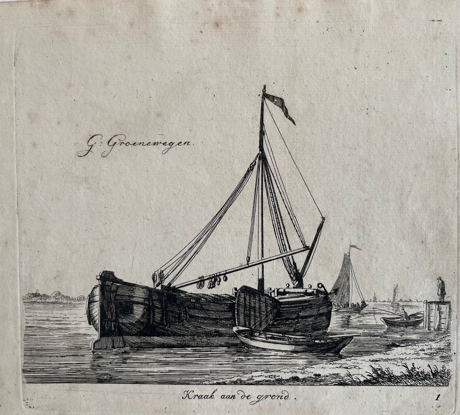 marine, ships, boats, etching, old print, groenewegen, gerrit groenewegen, kraak, kraak aan de grond, antique print, etching, ets, dutch, holland, scheepvaart, maritime print, vaartuigen