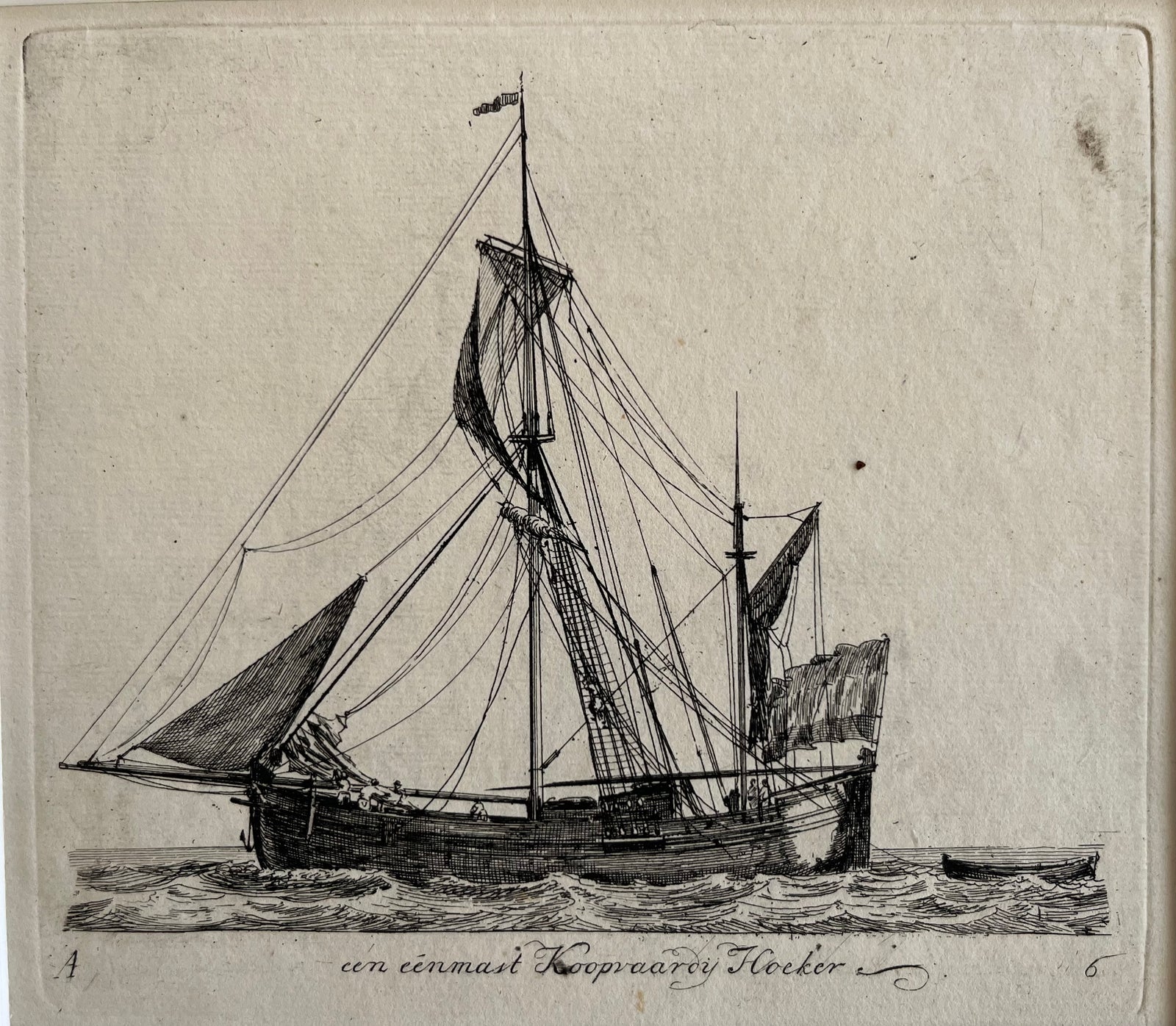 marine, ships, boats, etching, old print, groenewegen, gerrit groenewegen, koopvaardij, hoeker, antique print, etching, ets, dutch, holland, scheepvaart, maritime print