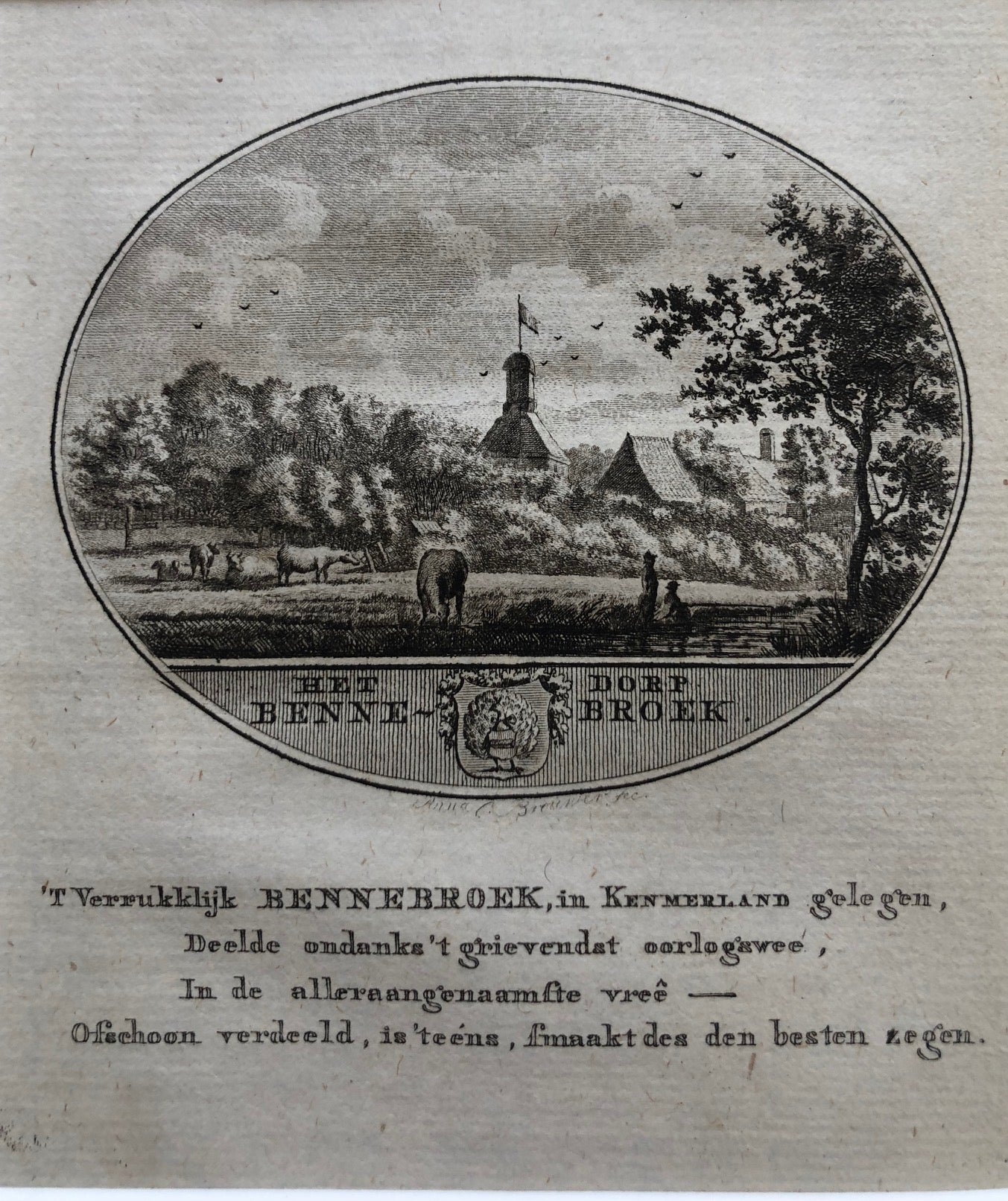 'Het Dorp Bennebroek' . Nice small oval engraving by Anna C. Brouwer of this small village in North Holland. Published in 1796