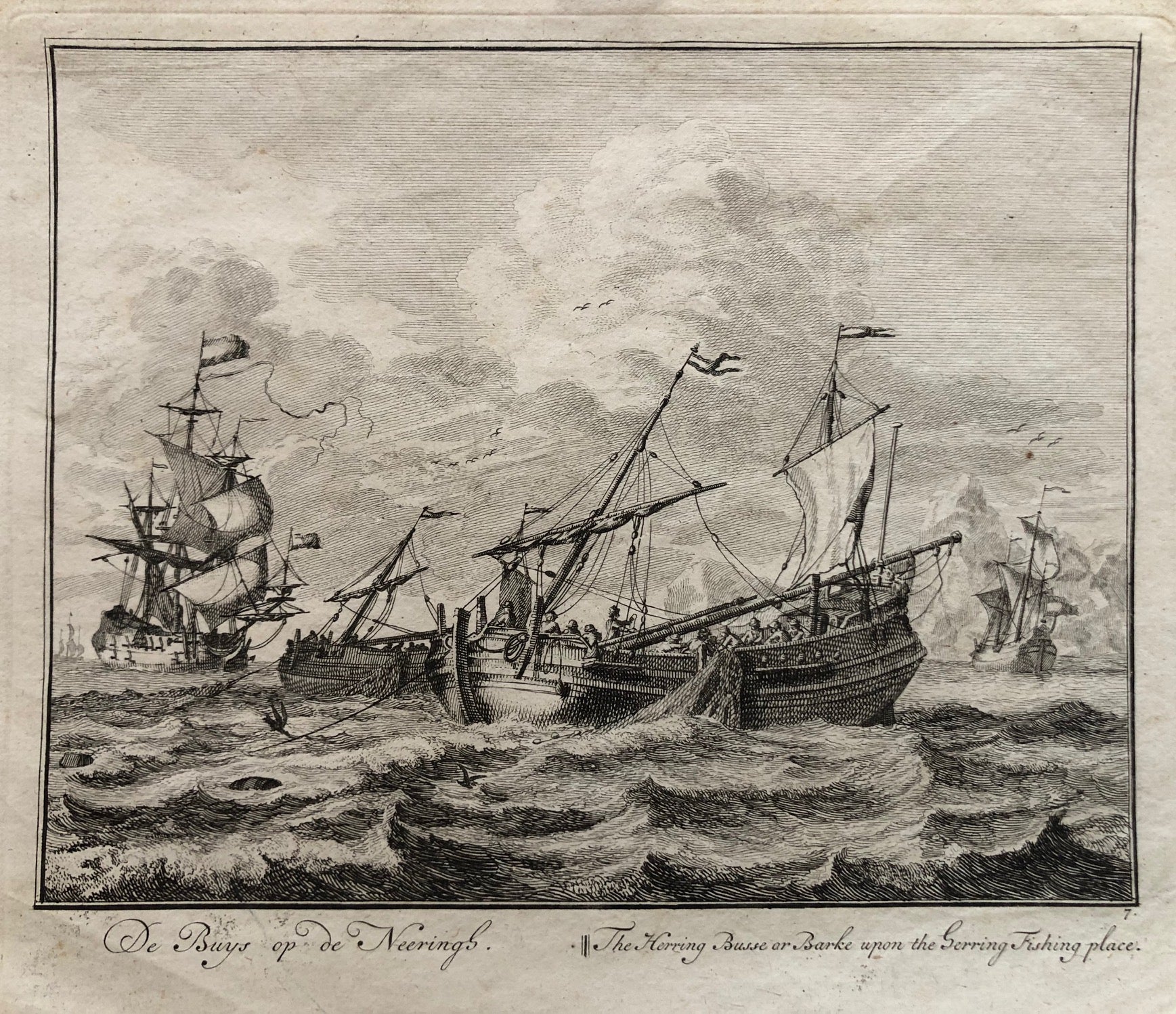  'De Buys op de Neeringh || The Herring Busse or Barke upon the herring Fishing place'.  Engraving by Adolf van der Laan after Sieuwert van der Meulen