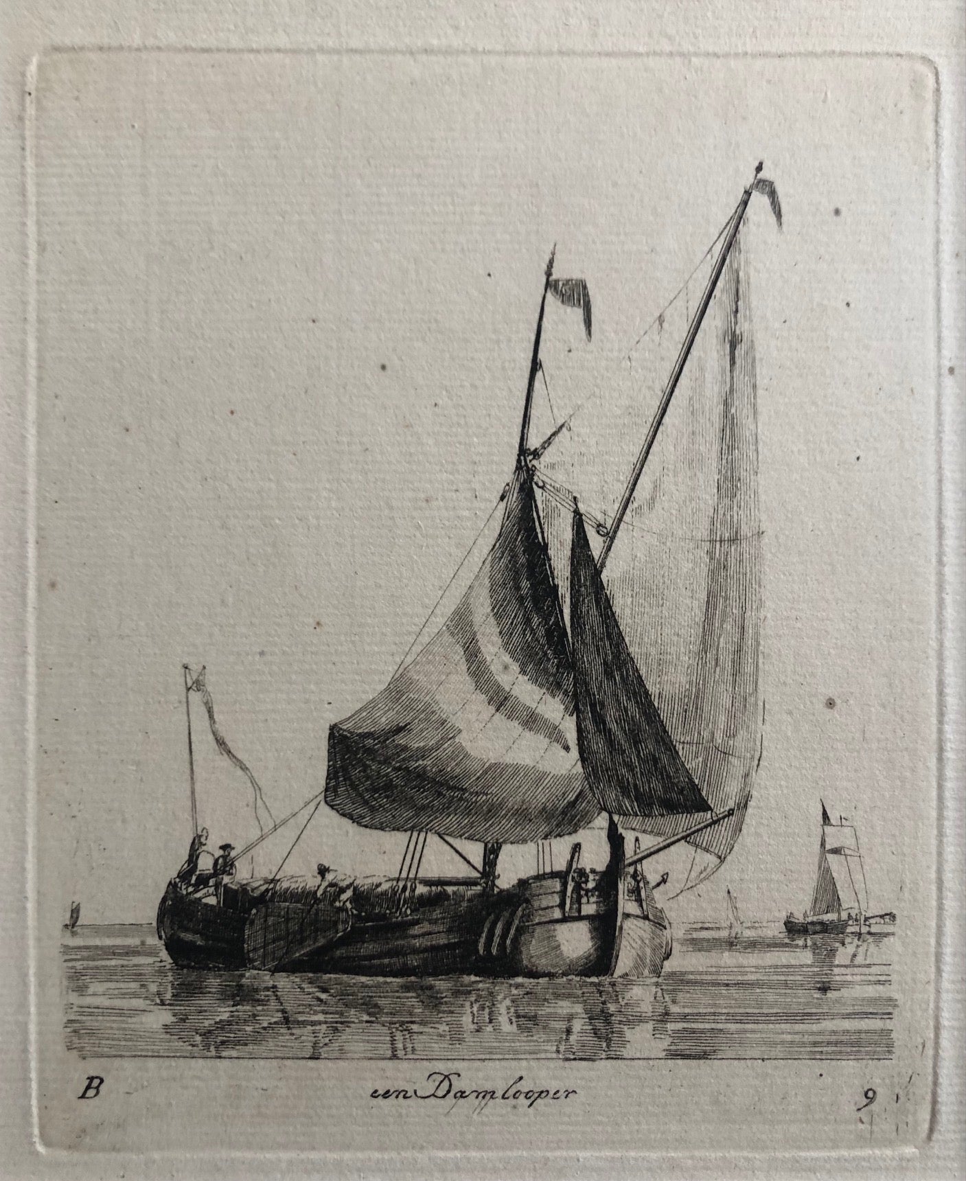 Een Damlooper' . Etching by Gerrit Groenewegen (1754 - 1826) from the second series (B) of 'Verscheyde Soorten van Hollandse Vaartuigen' . This is Plate 9.