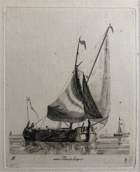 Een Damlooper' . Etching by Gerrit Groenewegen (1754 - 1826) from the second series (B) of 'Verscheyde Soorten van Hollandse Vaartuigen' . This is Plate 9.