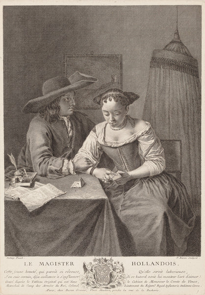 Antique print "Le Magister Hollandois". The Dutch Teacher. Dutch interior with a girl reading a small book while a young man next to her holds her arm, an ink-well and a book on the table at left.