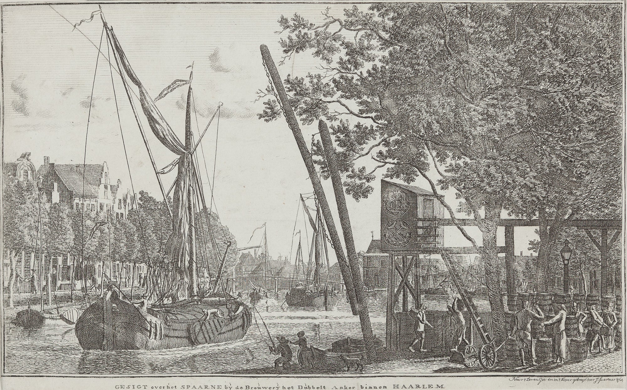 Antique print. Lovely view at the Spaarne with in the background the 'Lange Brug' and a lot of action with ships and people fishing , trading and working with beer barrels from one of the breweries at the Spaarne.