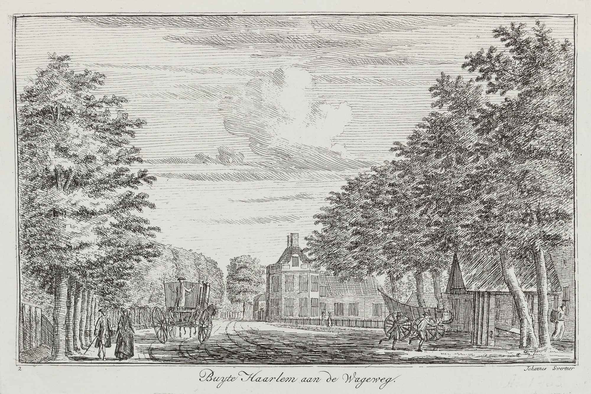 Antieke prent. Antique print. Title: 'Buyte Haarlem aan de Wagenweg' Etching by Johannes Swertner from a series published in 1763. Nice rare view at the mansion Bosch en Vaart.