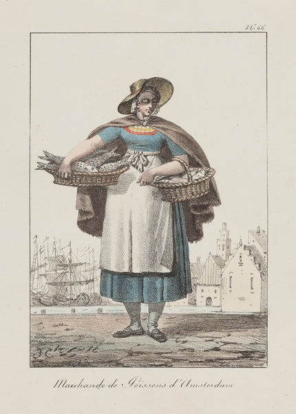 Antieke prent. Antique print. Contemporary coloured lithograph by H. Lecomomte, 1819. Part of a series with costumes from European cities. This shows a lady who sells fish from the surroundings of Amsterdam. Fashion, costume, holland, amsterdam, antique print, lithograph