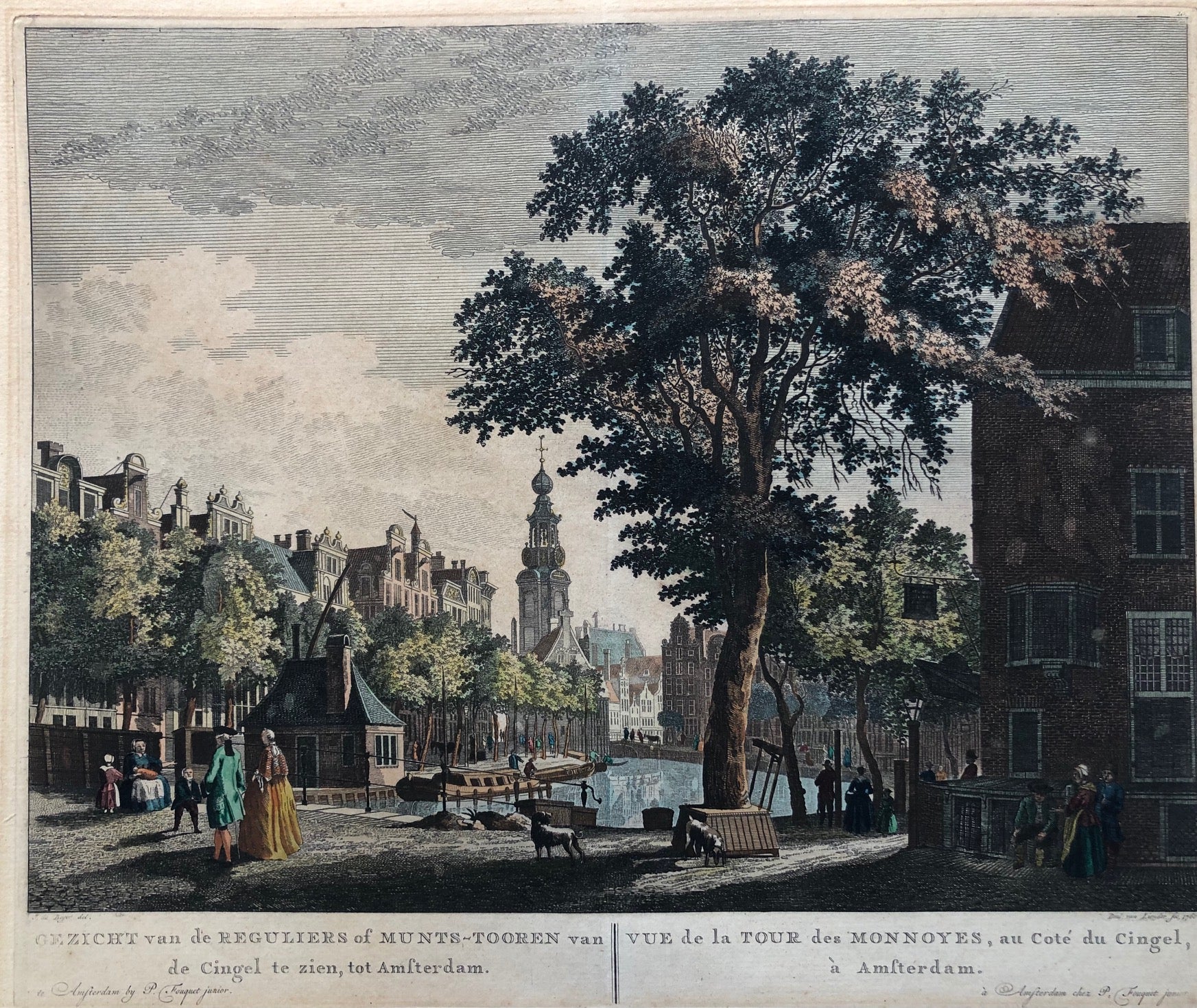 Amsterdam, munt, regulierstoren, munttoren, singel, fouquet, beyer, liender, antique print, old print, engraving, canal, colour.