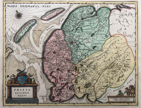friesland, old map, antique map, map of friesland, engraving, terschelling, ameland, harlingen, leeuwarden, groningen, hindelopen, merian, colour, frisia occidentalis, frisia