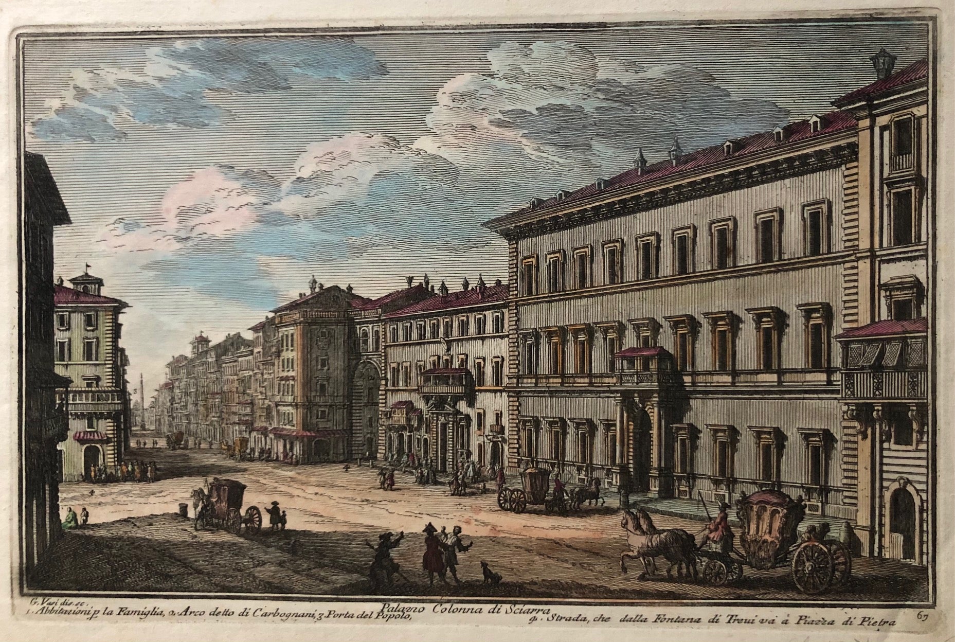 'Palazzo Colonna di Sciarra' . Handcoloured engraving by Guiseppe Vasi showing Palazzo Colonna in Rome. From the series 'Delle magnificenze di Roma antica e modern