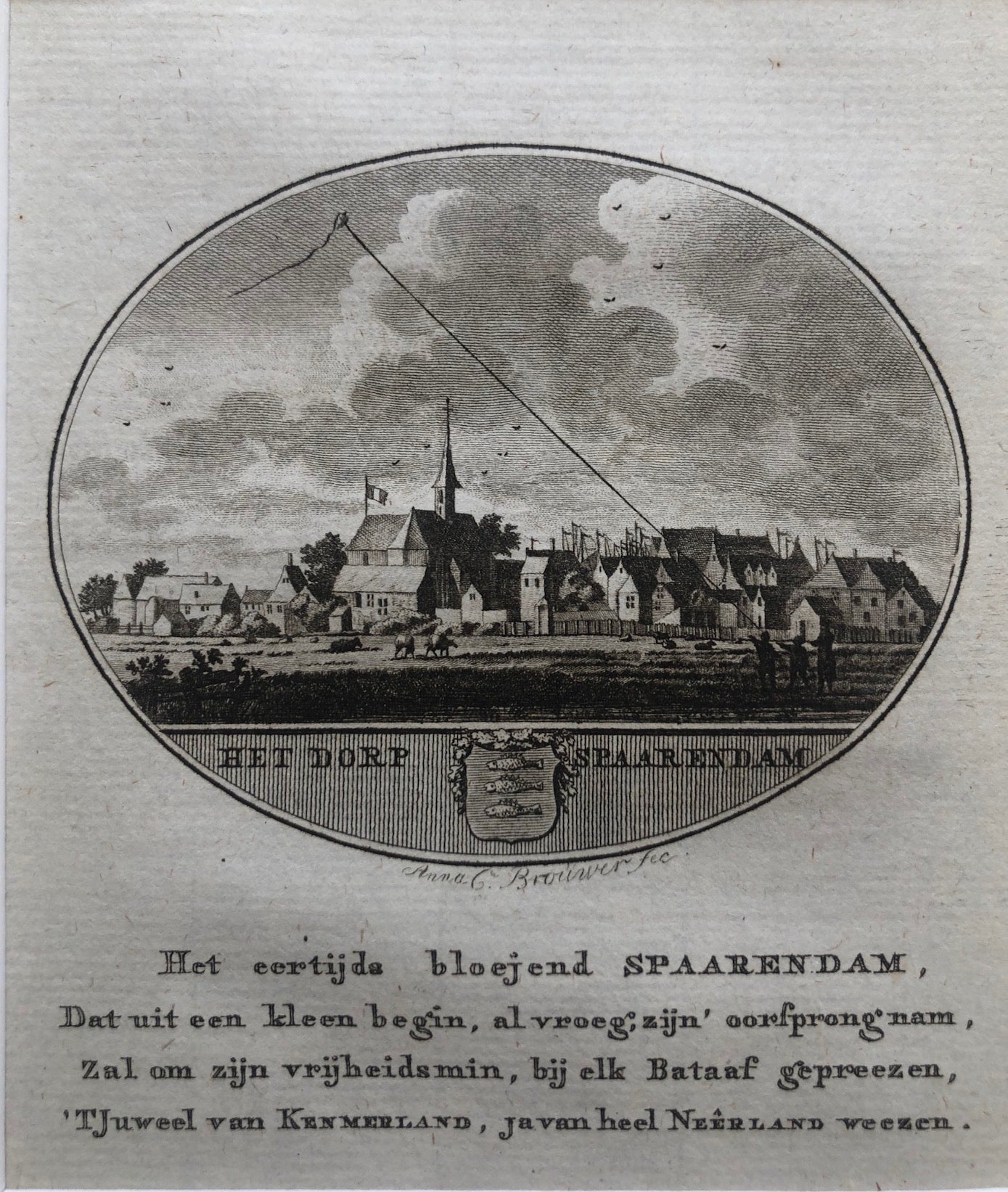  'Het Dorp Spaarendam' .Nice, small oval engraving showing the village Spaarndam in Holland