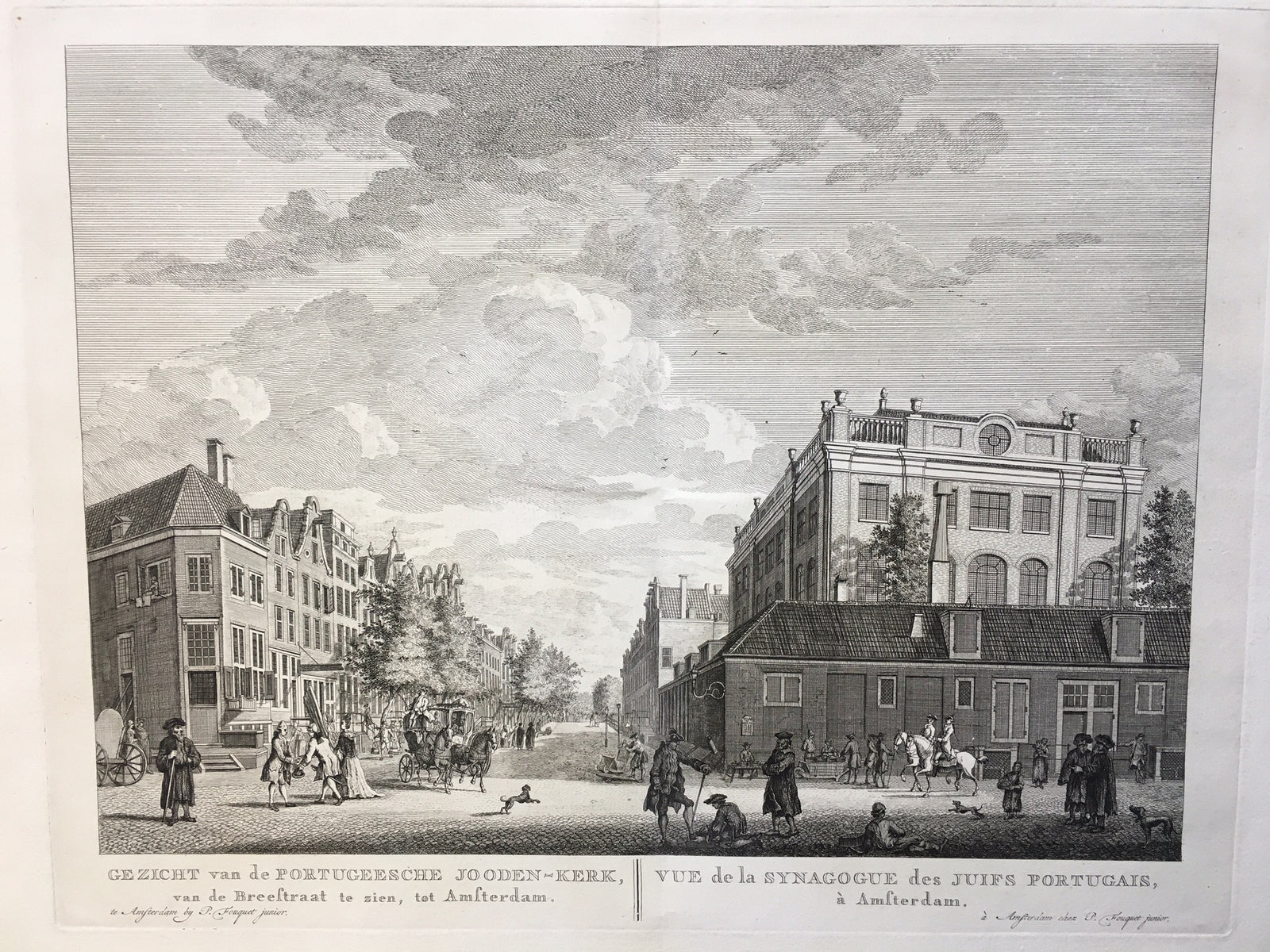 Amsterdam, Engraving, view, synagoge, synagogue, fouquet, jews, sephardic, portuguese, antique print,