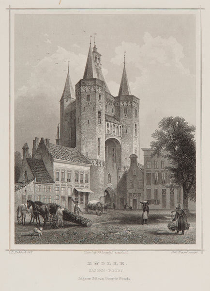  Holland, zwolle, antique print, engraving, old print, city view, gate, sassenpoort, sassen gate