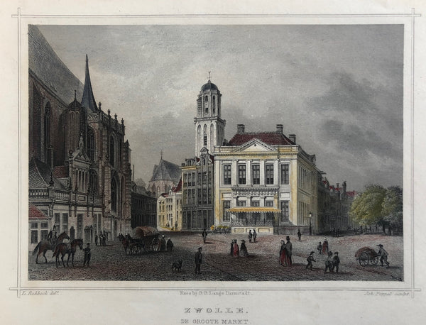 'Zwolle. De Groote Markt'. Nice, handcoloured steelengraving by Joh. Poppel after L. Rohbock. Published by G.G. Lange